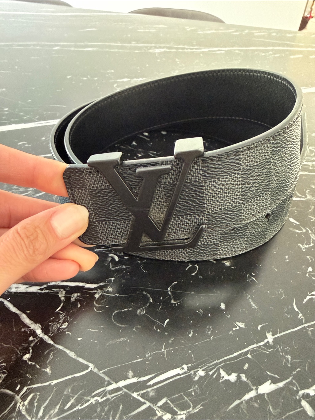 Louis Vuitton Gray Damier Canvas Men's Belt With Lv Buckle